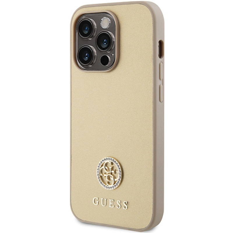 Capa Guess GUHCP15LPS4DGPD PU 4G Strass Metal Logo para Apple iPhone 15 Pro, dourada