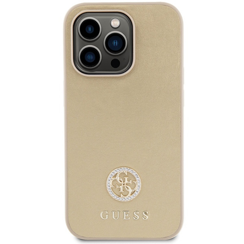 Capa Guess GUHCP15LPS4DGPD PU 4G Strass Metal Logo para Apple iPhone 15 Pro, dourada