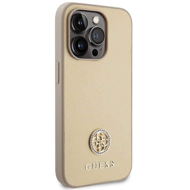 Capa Guess GUHCP15LPS4DGPD PU 4G Strass Metal Logo para Apple iPhone 15 Pro, dourada
