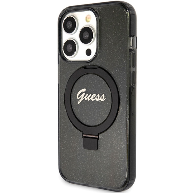 Capa rígida Guess GUHMP15LHRSGSK Ring Stand Script Glitter MagSafe para Apple iPhone 15 Pro, preta