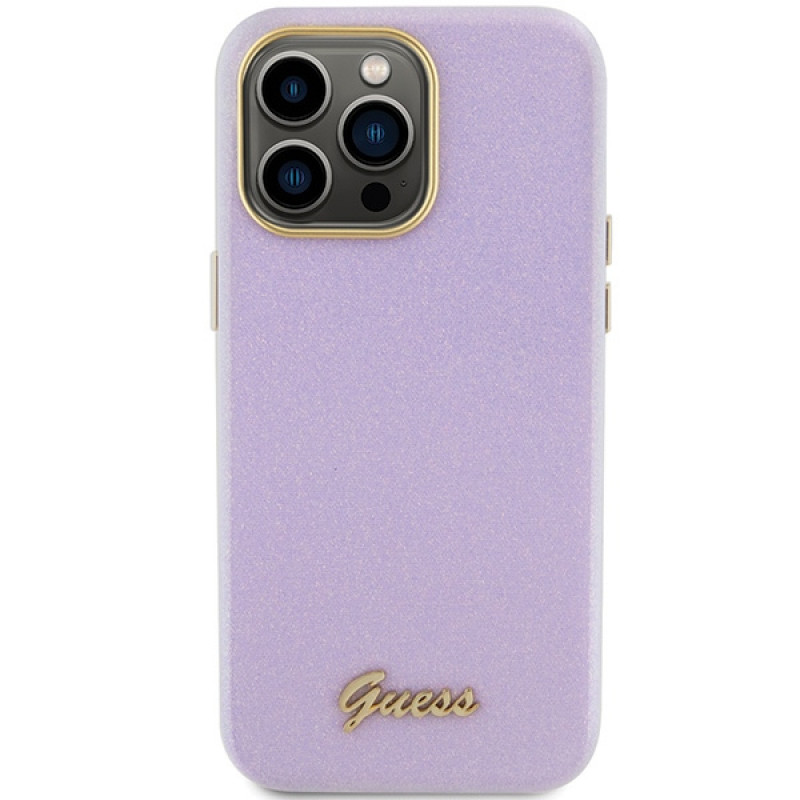 Guess GUHCP15XPGMCSL Capa rígida Glitter Glossy Script para Apple iPhone 15 Pro Max, lilás