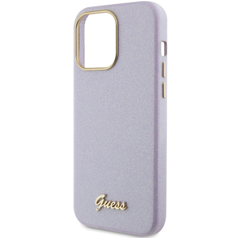 Guess GUHCP15XPGMCSL Capa rígida Glitter Glossy Script para Apple iPhone 15 Pro Max, lilás
