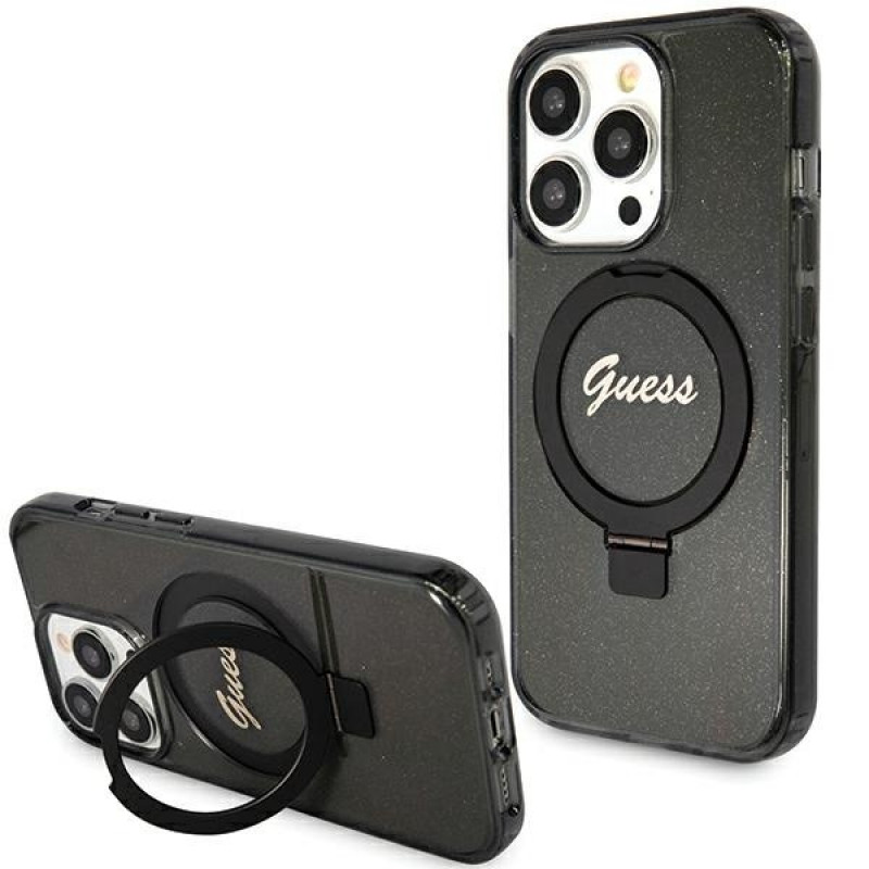 Capa rígida Guess GUHMP15XHRSGSK Ring Stand Script Glitter MagSafe para Apple iPhone 15 Pro Max, preta