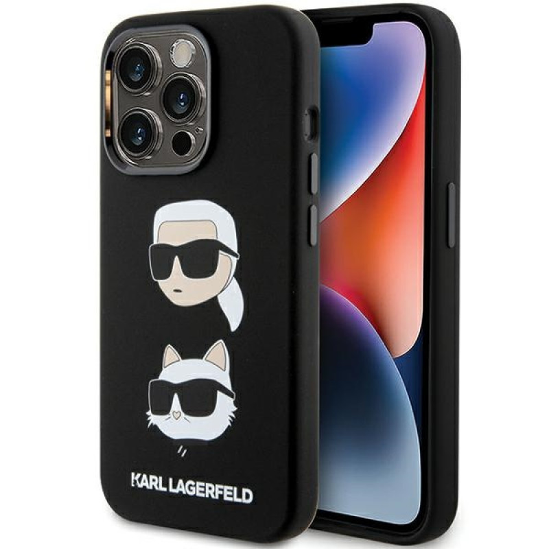 Capa em silicone líquido Karl Lagerfeld KLHCP15XSDHKCNK Karl and Choupette Heads para Apple iPhone 15 Pro Max, preta
