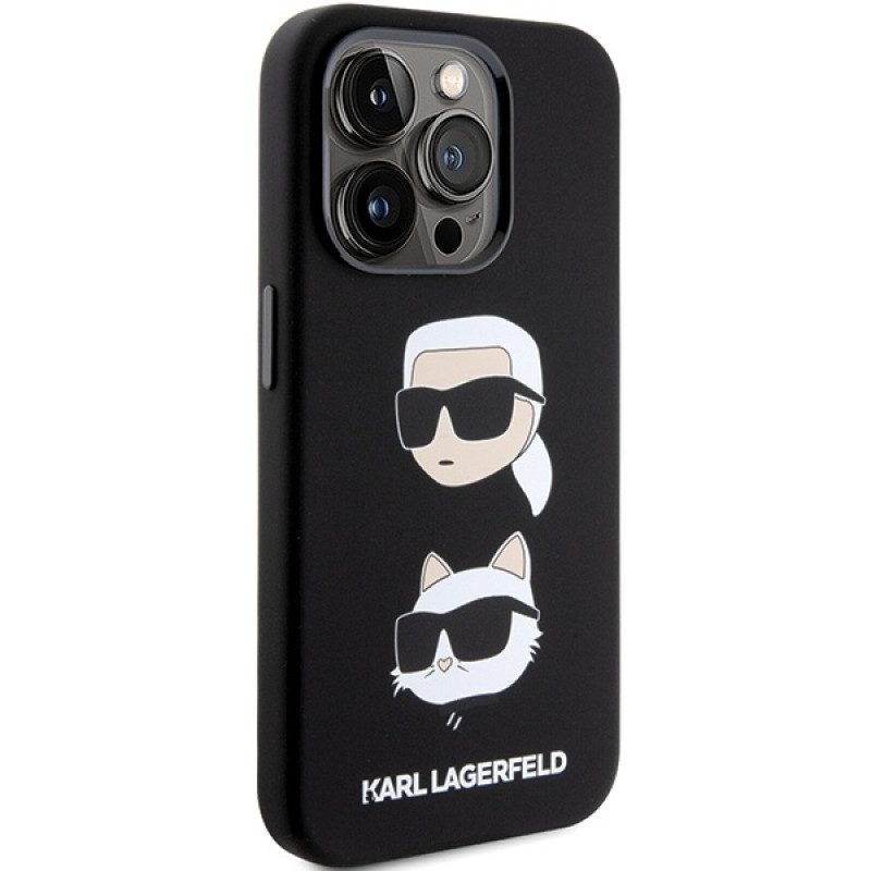 Capa em silicone líquido Karl Lagerfeld KLHCP15XSDHKCNK Karl and Choupette Heads para Apple iPhone 15 Pro Max, preta