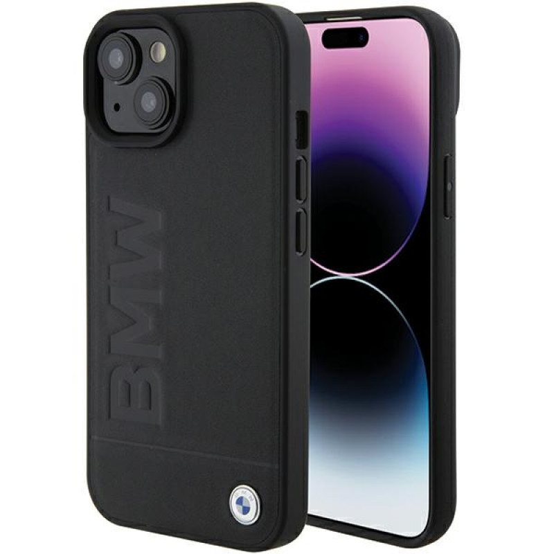 Capa rígida Leather Hot Stamp BMW BMHCP15MSLLBK para Apple iPhone 15 Plus / 14 Plus, preta
