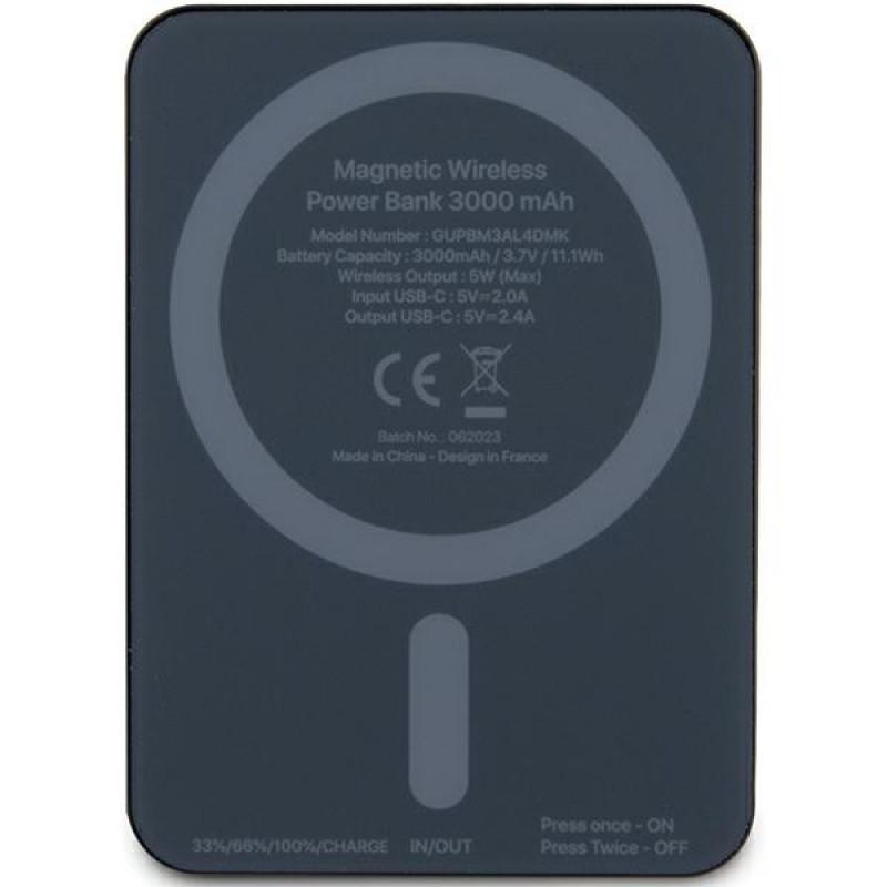 Guess GUPBM3ALGSGK Powerbank 3000 mAh, 5 W, MagSafe Metal Script Logo, preto