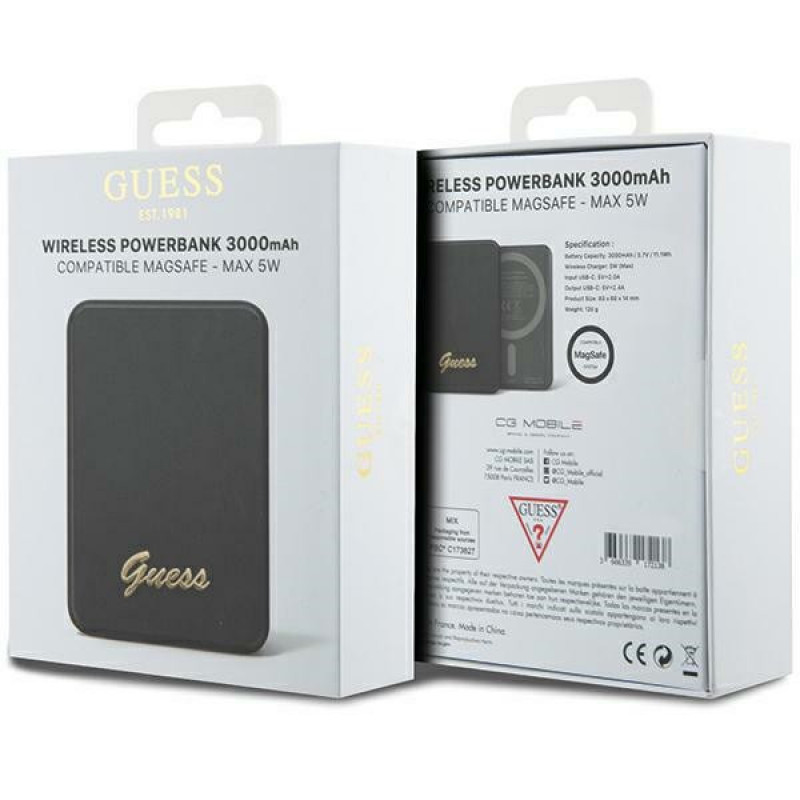 Guess GUPBM3ALGSGK Powerbank 3000 mAh, 5 W, MagSafe Metal Script Logo, preto