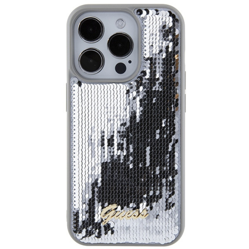 Capa rígida metálica Guess GUHCP15LPSFDGSS Sequin Script para Apple iPhone 15 Pro, prateada