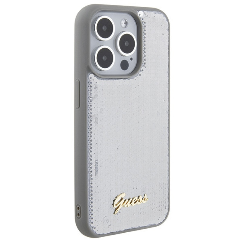 Capa rígida metálica Guess GUHCP15LPSFDGSS Sequin Script para Apple iPhone 15 Pro, prateada