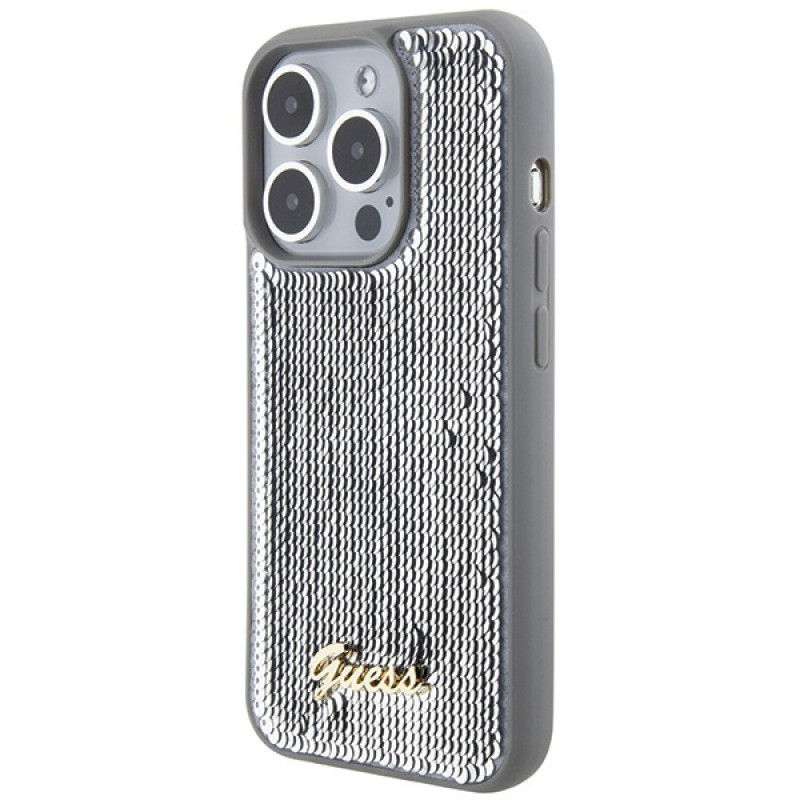 Capa rígida Guess GUHCP15XPSFDGSS Sequin Script Metal para Apple iPhone 15 Pro Max, prateada