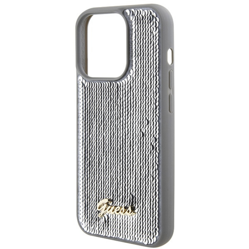 Capa rígida Guess GUHCP15XPSFDGSS Sequin Script Metal para Apple iPhone 15 Pro Max, prateada