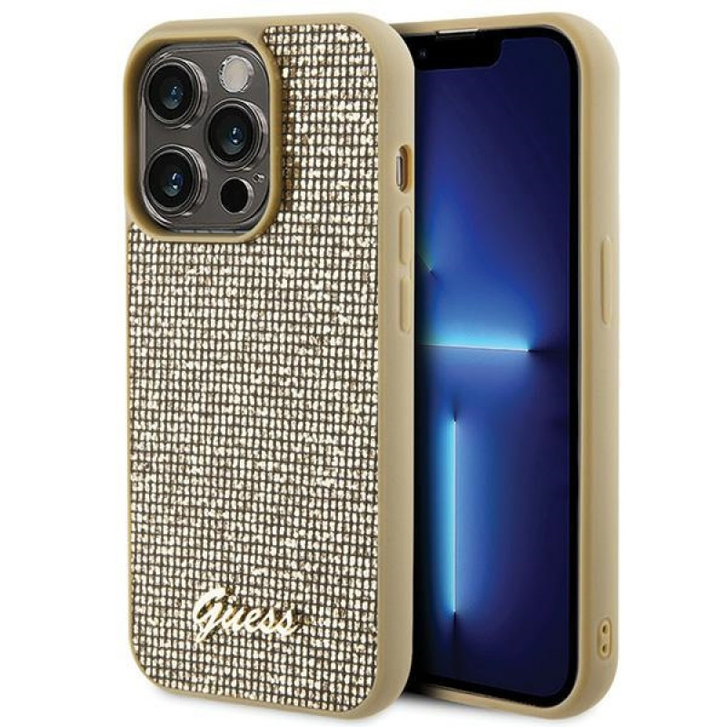 Guess GUHCP15LPMSDGSD Capa rígida Disco Metal Script para Apple iPhone 15 Pro, dourada