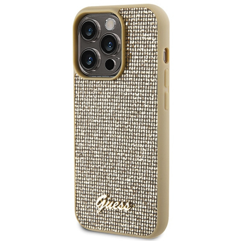 Guess GUHCP15LPMSDGSD Capa rígida Disco Metal Script para Apple iPhone 15 Pro, dourada