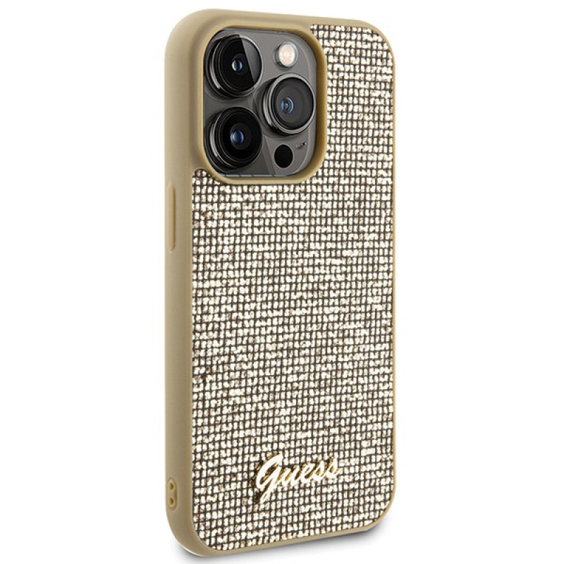 Guess GUHCP15LPMSDGSD Capa rígida Disco Metal Script para Apple iPhone 15 Pro, dourada
