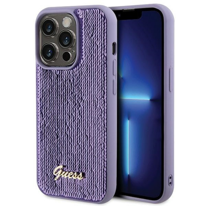 Guess GUHCP15XPSFDGSU Capa rígida Sequin Script Metal para Apple iPhone 15 Pro Max, roxo