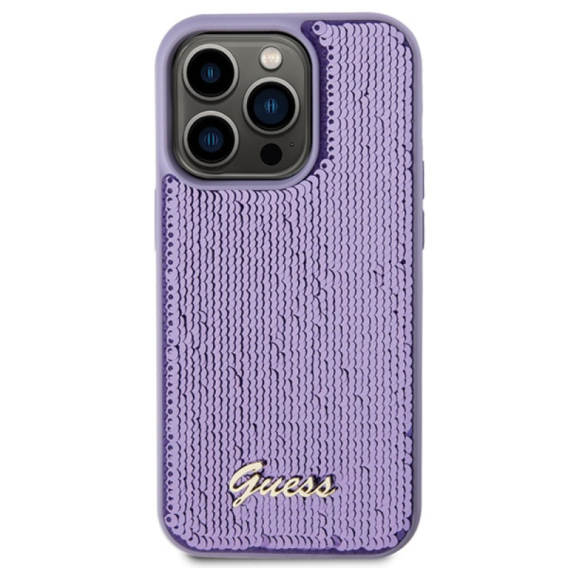 Guess GUHCP15XPSFDGSU Capa rígida Sequin Script Metal para Apple iPhone 15 Pro Max, roxo