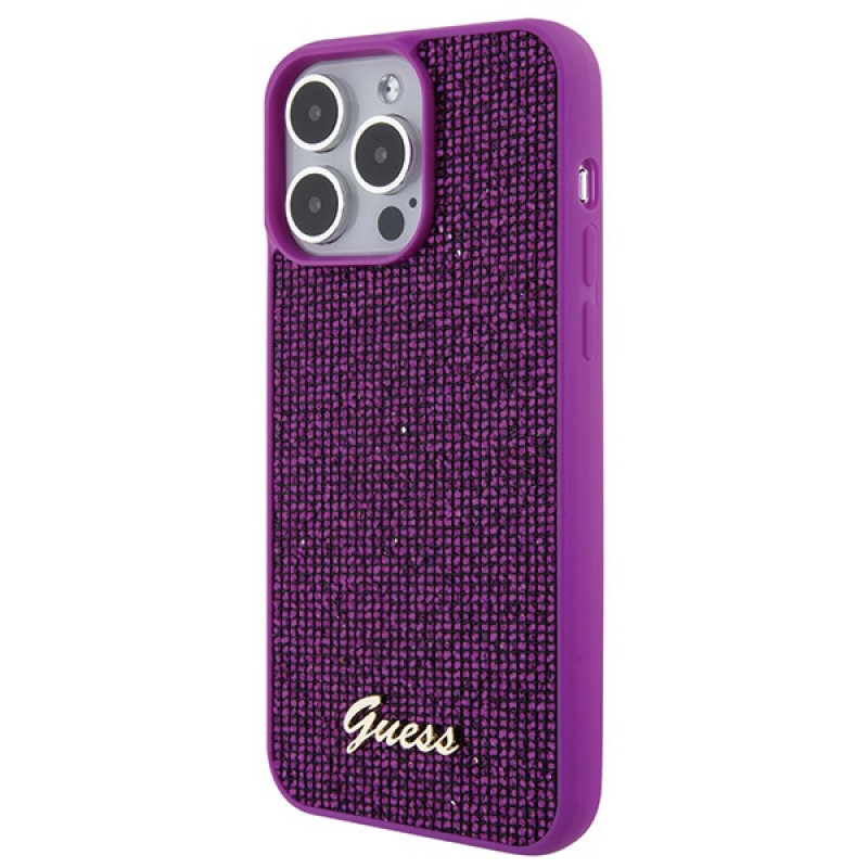 Guess GUHCP15XPMSDGSF Capa rígida Disco Metal Script para Apple iPhone 15 Pro Max, roxa