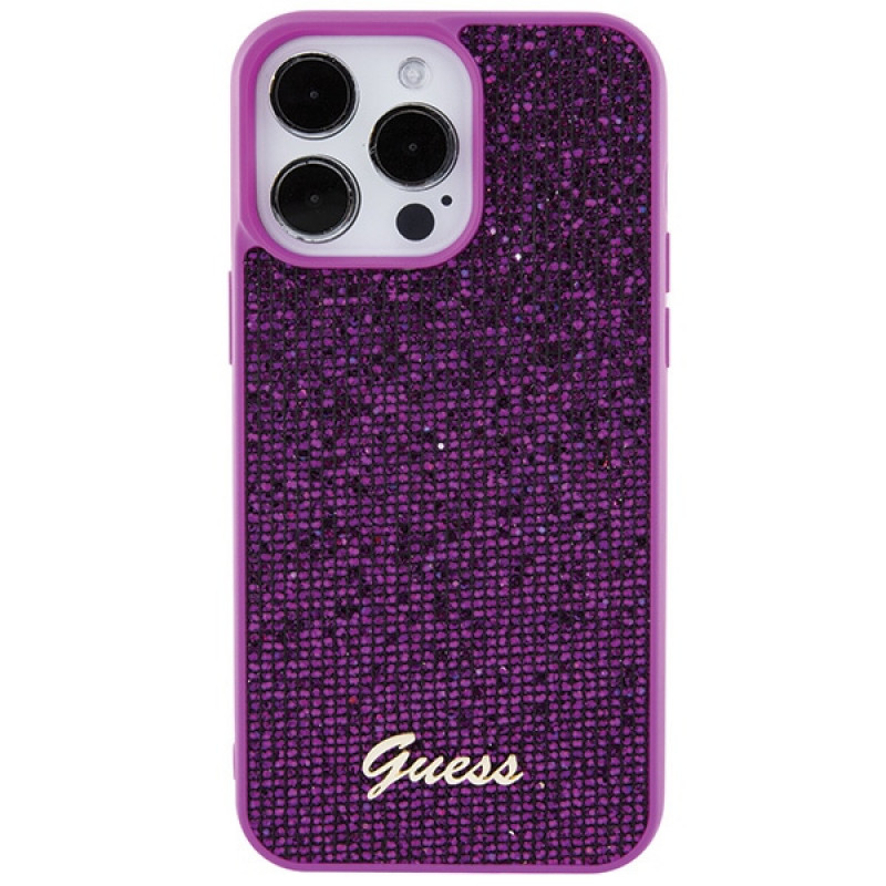Guess GUHCP15XPMSDGSF Capa rígida Disco Metal Script para Apple iPhone 15 Pro Max, roxa
