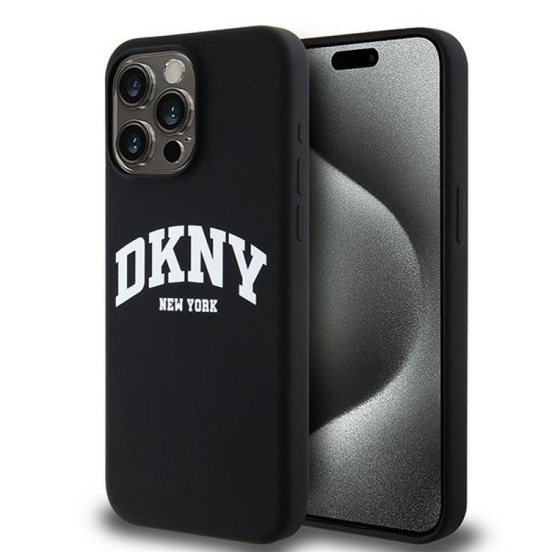 Capa rígida DKNY Apple iPhone 15 Pro Max Liquid Silicone White Printed Logo MagSafe, preta