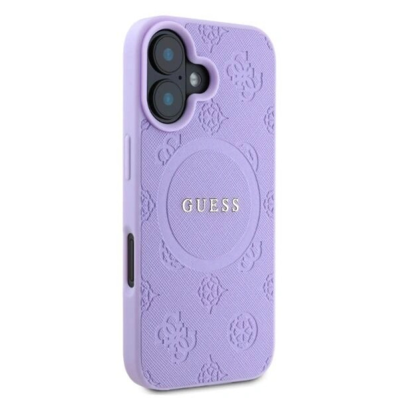 Capa MagSafe Guess Saffiano Peony Stamp para Apple iPhone 16, roxa