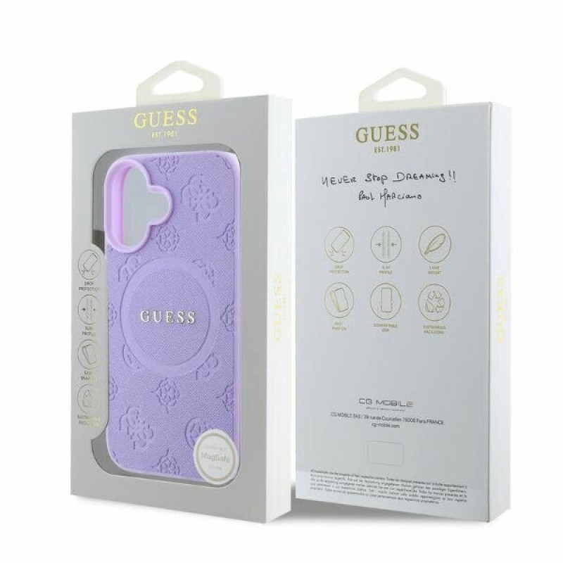 Capa MagSafe Guess Saffiano Peony Stamp para Apple iPhone 16, roxa