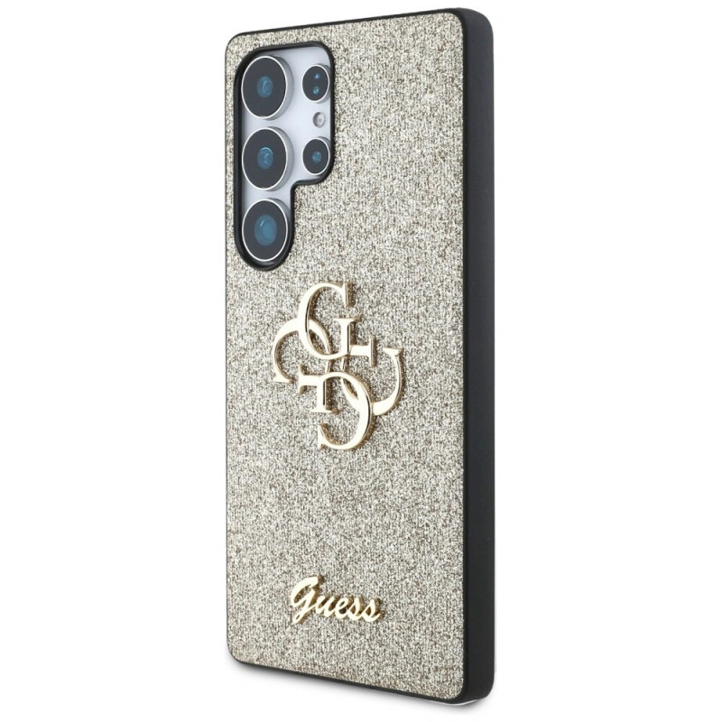 Capa rígida Guess Fixed Glitter Big 4G Metal Logo para Samsung Galaxy S25 Ultra, dourada