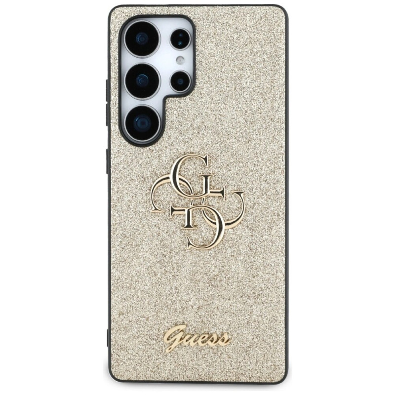 Capa rígida Guess Fixed Glitter Big 4G Metal Logo para Samsung Galaxy S25 Ultra, dourada