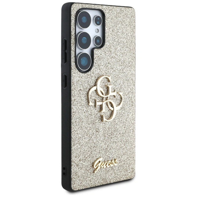Capa rígida Guess Fixed Glitter Big 4G Metal Logo para Samsung Galaxy S25 Ultra, dourada