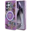 Capa MagSafe Guess Glitter Flowers Triangle Buttons para Samsung Galaxy S25 Ultra, roxa