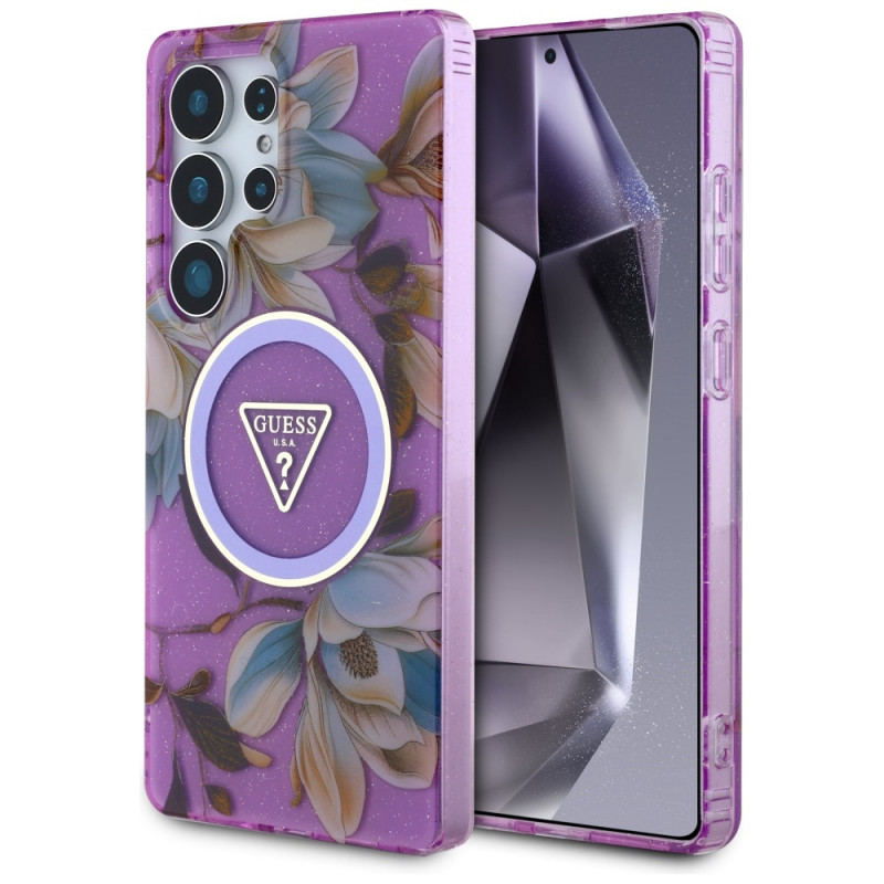 Capa MagSafe Guess Glitter Flowers Triangle Buttons para Samsung Galaxy S25 Ultra, roxa