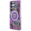 Capa MagSafe Guess Glitter Flowers Triangle Buttons para Samsung Galaxy S25 Ultra, roxa