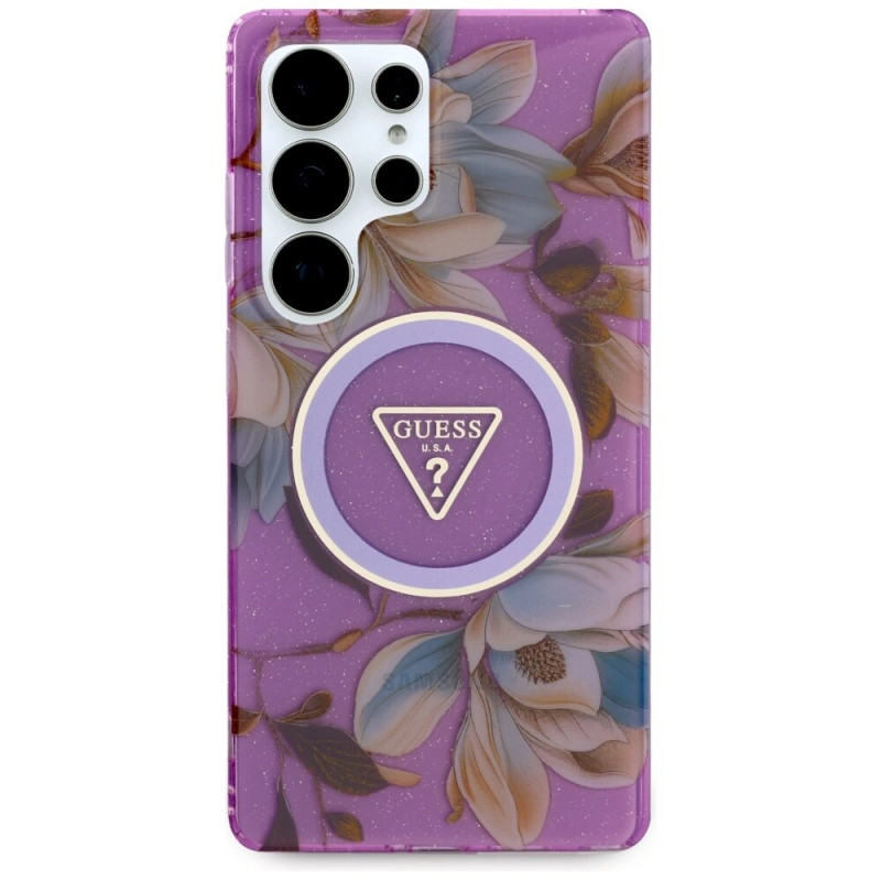 Capa MagSafe Guess Glitter Flowers Triangle Buttons para Samsung Galaxy S25 Ultra, roxa