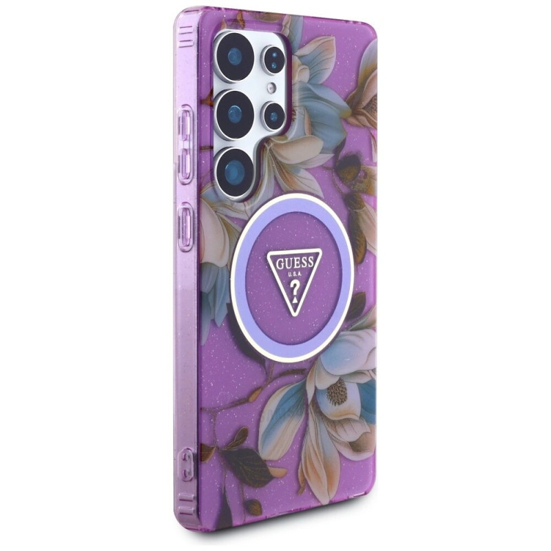 Capa MagSafe Guess Glitter Flowers Triangle Buttons para Samsung Galaxy S25 Ultra, roxa