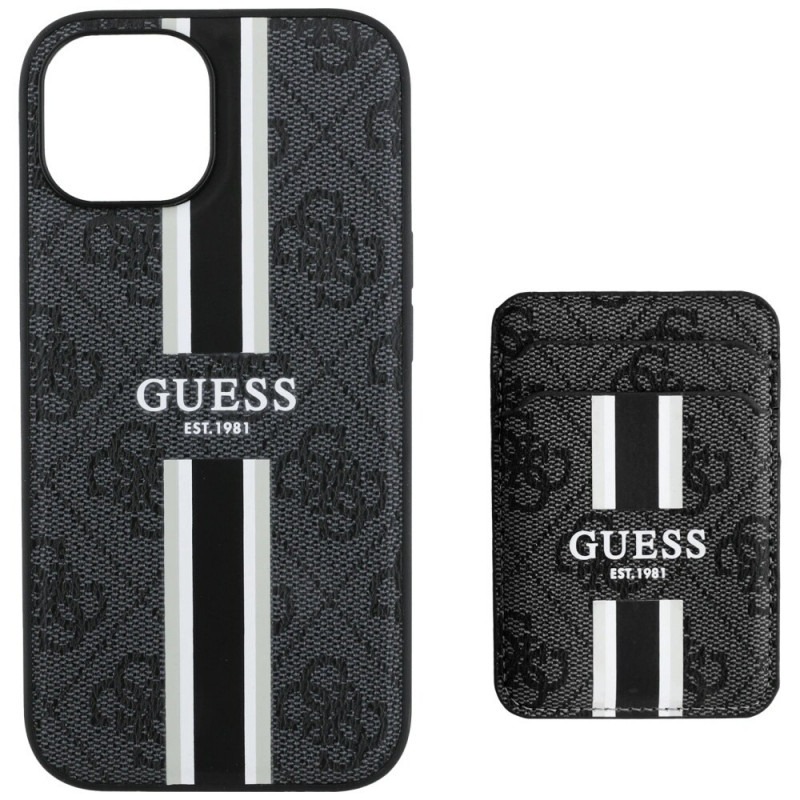 Capa com carteira MagSafe Guess 4G Stripes para Apple iPhone 15, preta