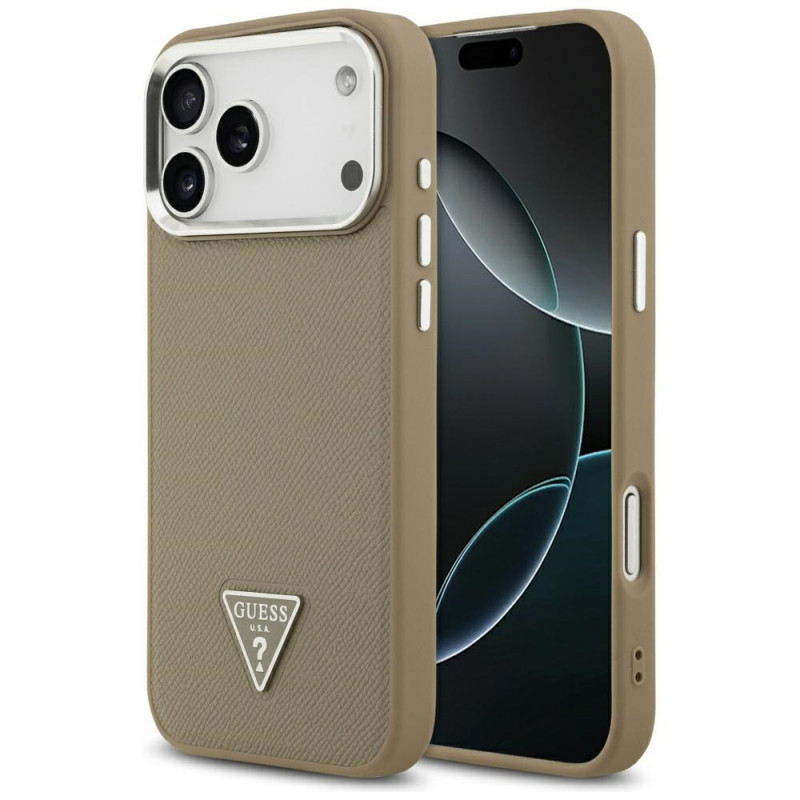 Capa rígida MagSafe Grained Triangle Logo Guess para Apple iPhone 17 Pro Max, castanha