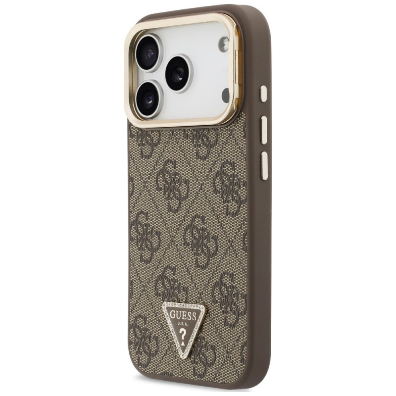 Capa MagSafe Guess 4G PU Triangle Logo & Stand Camera para Apple iPhone 18 Pro Max / 17 Pro Max, castanha