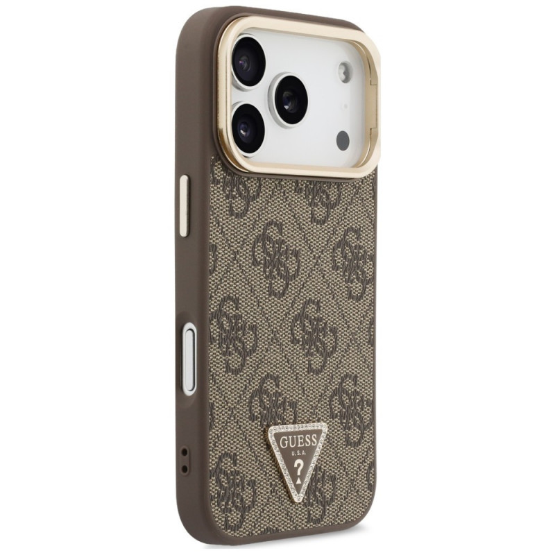 Capa MagSafe Guess 4G PU Triangle Logo & Stand Camera para Apple iPhone 18 Pro Max / 17 Pro Max, castanha