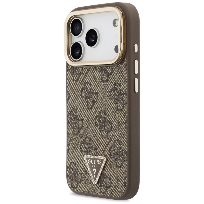 Capa MagSafe Guess 4G PU Triangle Logo & Stand Camera para Apple iPhone 18 Pro / 17 Pro, castanha