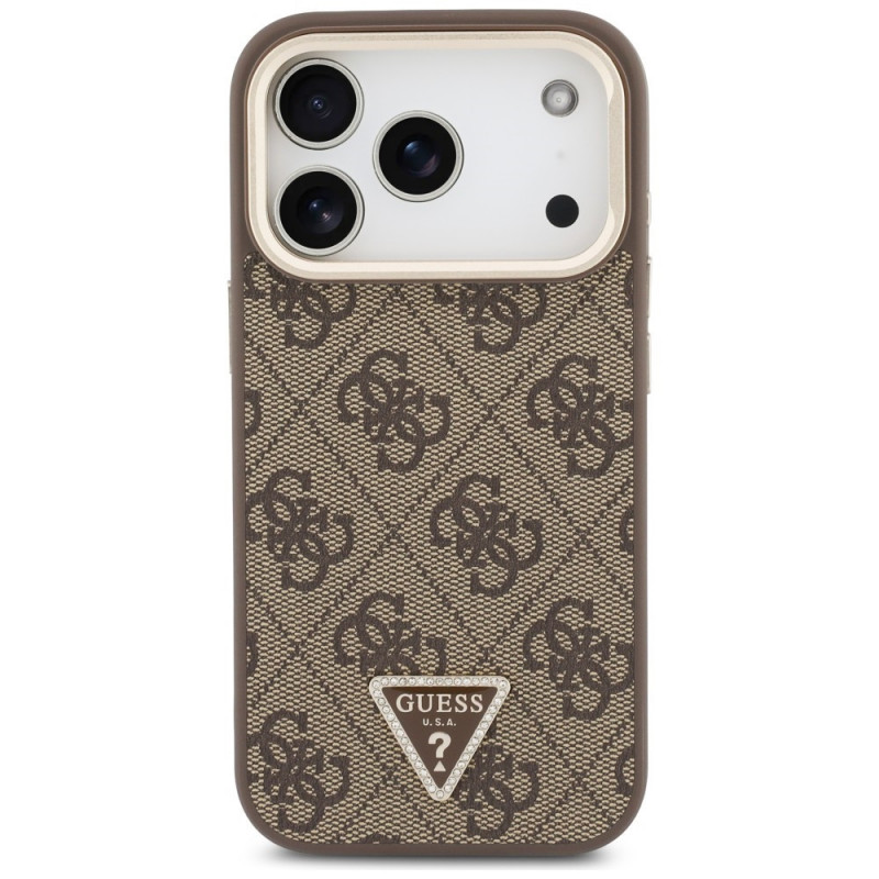 Capa MagSafe Guess 4G PU Triangle Logo & Stand Camera para Apple iPhone 18 Pro / 17 Pro, castanha