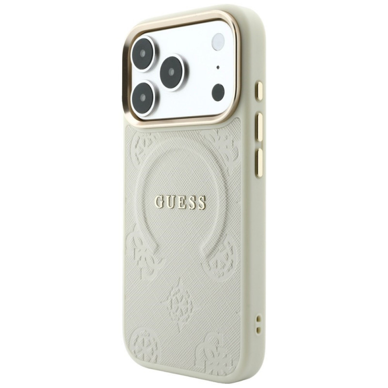 Capa Guess Saffiano Peony & Ring MagSafe para Apple iPhone 18 Pro / 17 Pro, bege