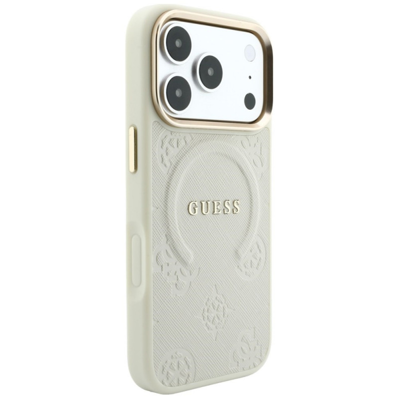 Capa Guess Saffiano Peony & Ring MagSafe para Apple iPhone 18 Pro / 17 Pro, bege