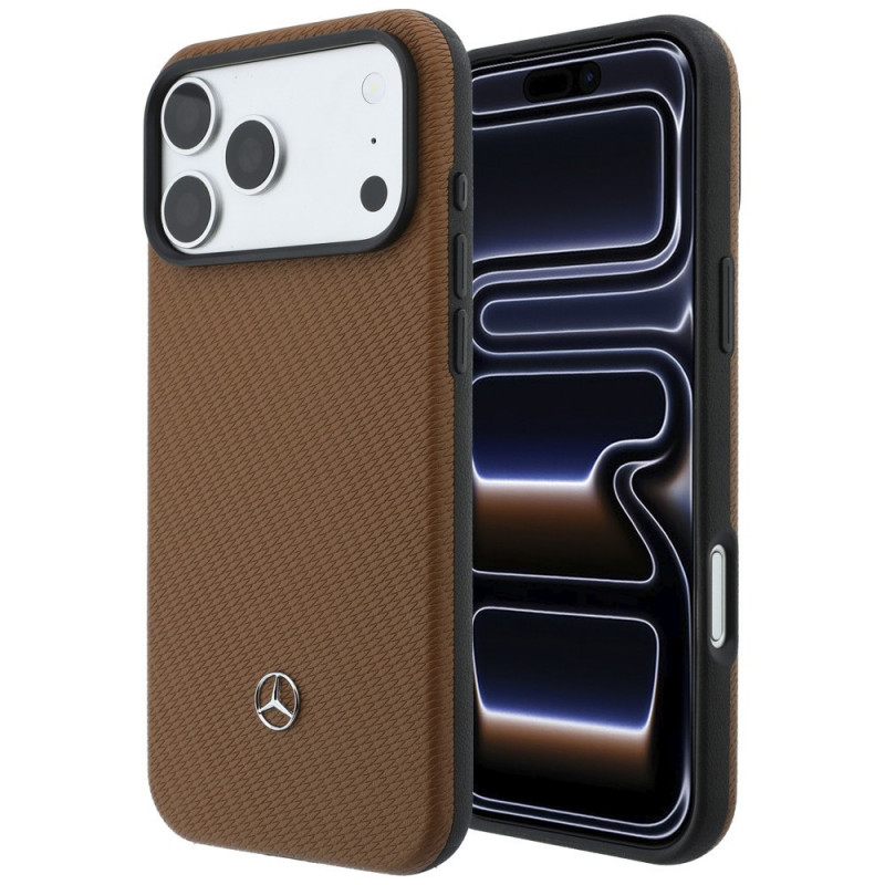 Conjunto de capa MagSafe em pele com padrão de grelha Mercedes-Benz e carteira para cartões para Apple iPhone 18 Pro Max / 17 Pro Max, camelo
