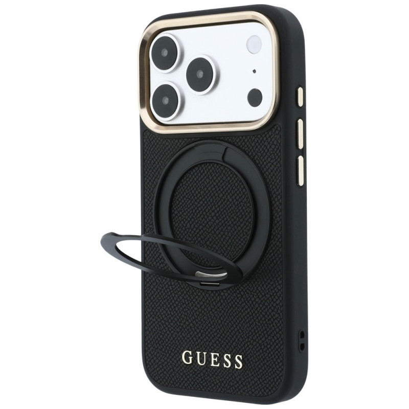 Capa MagSafe Guess Ring Stand 360 Grained Classic Logo para Apple iPhone 18 Pro / 17 Pro, preta