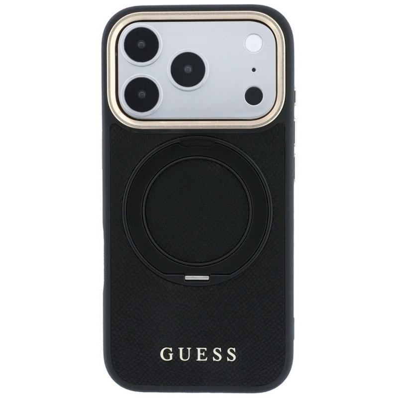 Capa MagSafe Guess Ring Stand 360 Grained Classic Logo para Apple iPhone 18 Pro / 17 Pro, preta