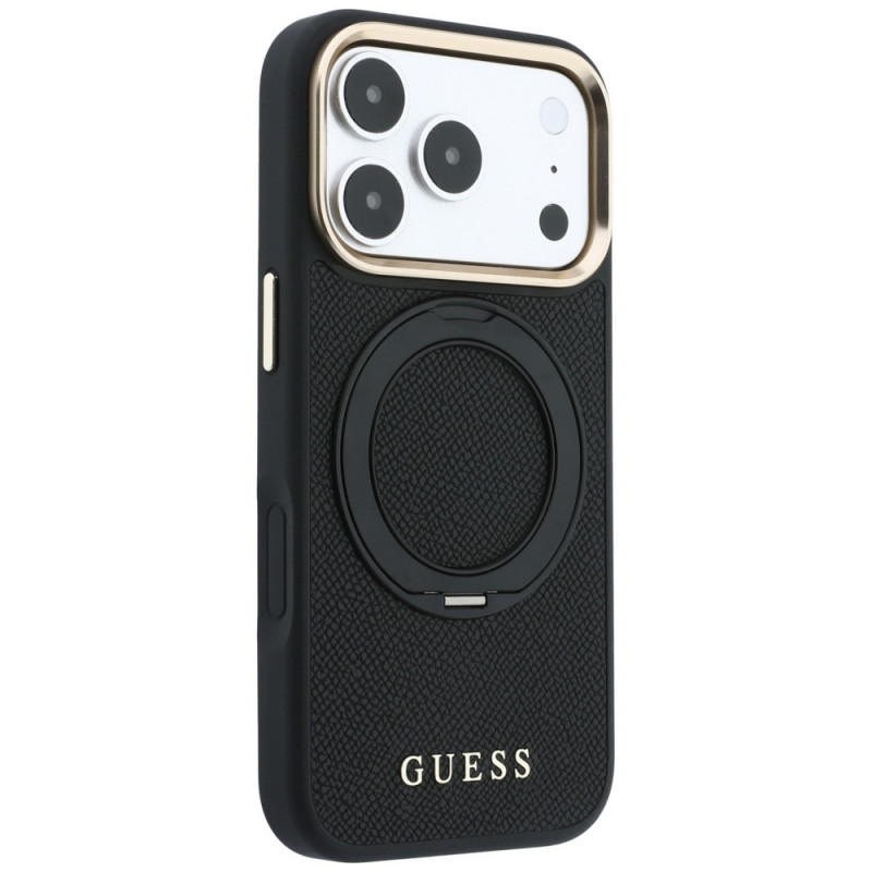 Capa MagSafe Guess Ring Stand 360 Grained Classic Logo para Apple iPhone 18 Pro / 17 Pro, preta