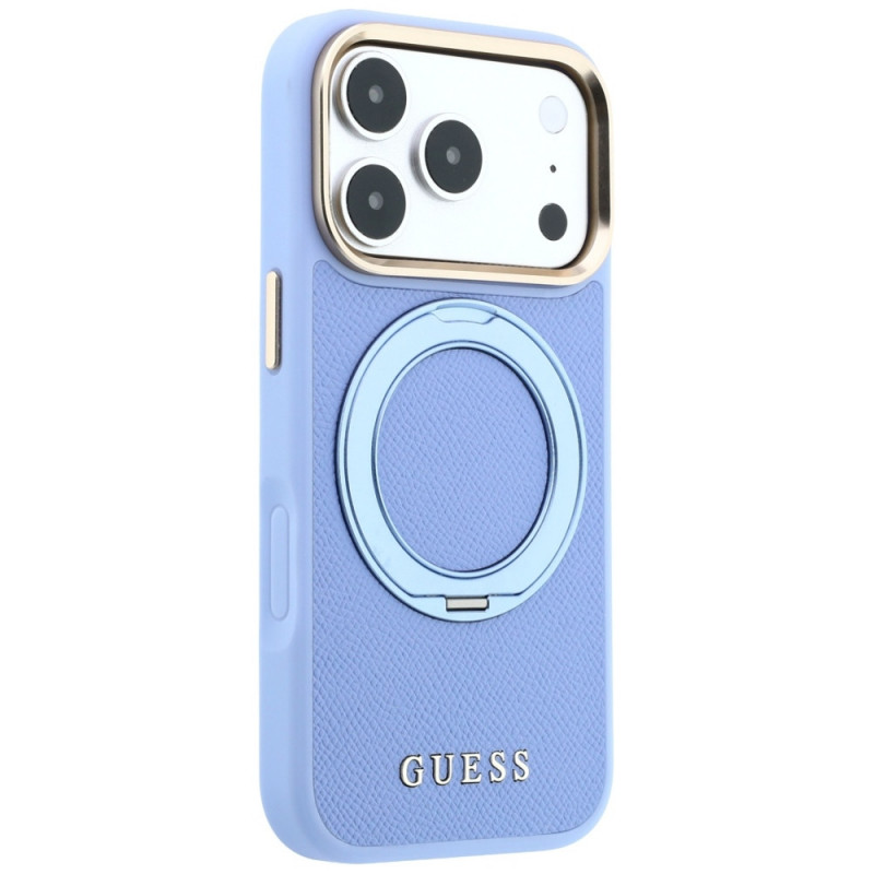 Capa MagSafe Guess Ring Stand 360 Grained Classic Logo para Apple iPhone 18 Pro Max / 17 Pro Max, azul-claro