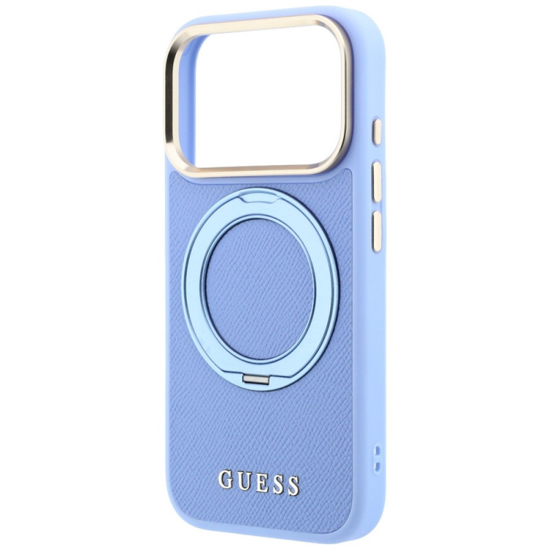 Capa MagSafe Guess Ring Stand 360 Grained Classic Logo para Apple iPhone 18 Pro Max / 17 Pro Max, azul-claro