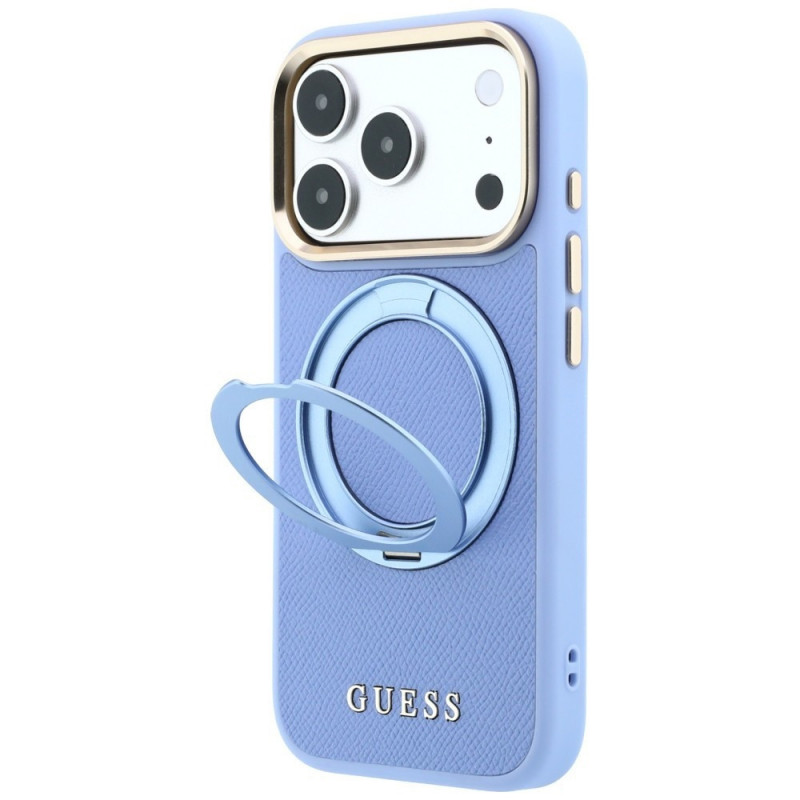 Capa MagSafe Guess Ring Stand 360 Grained Classic Logo para Apple iPhone 18 Pro / 17 Pro, azul-claro