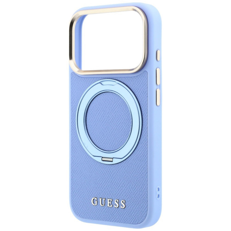 Capa MagSafe Guess Ring Stand 360 Grained Classic Logo para Apple iPhone 18 Pro / 17 Pro, azul-claro